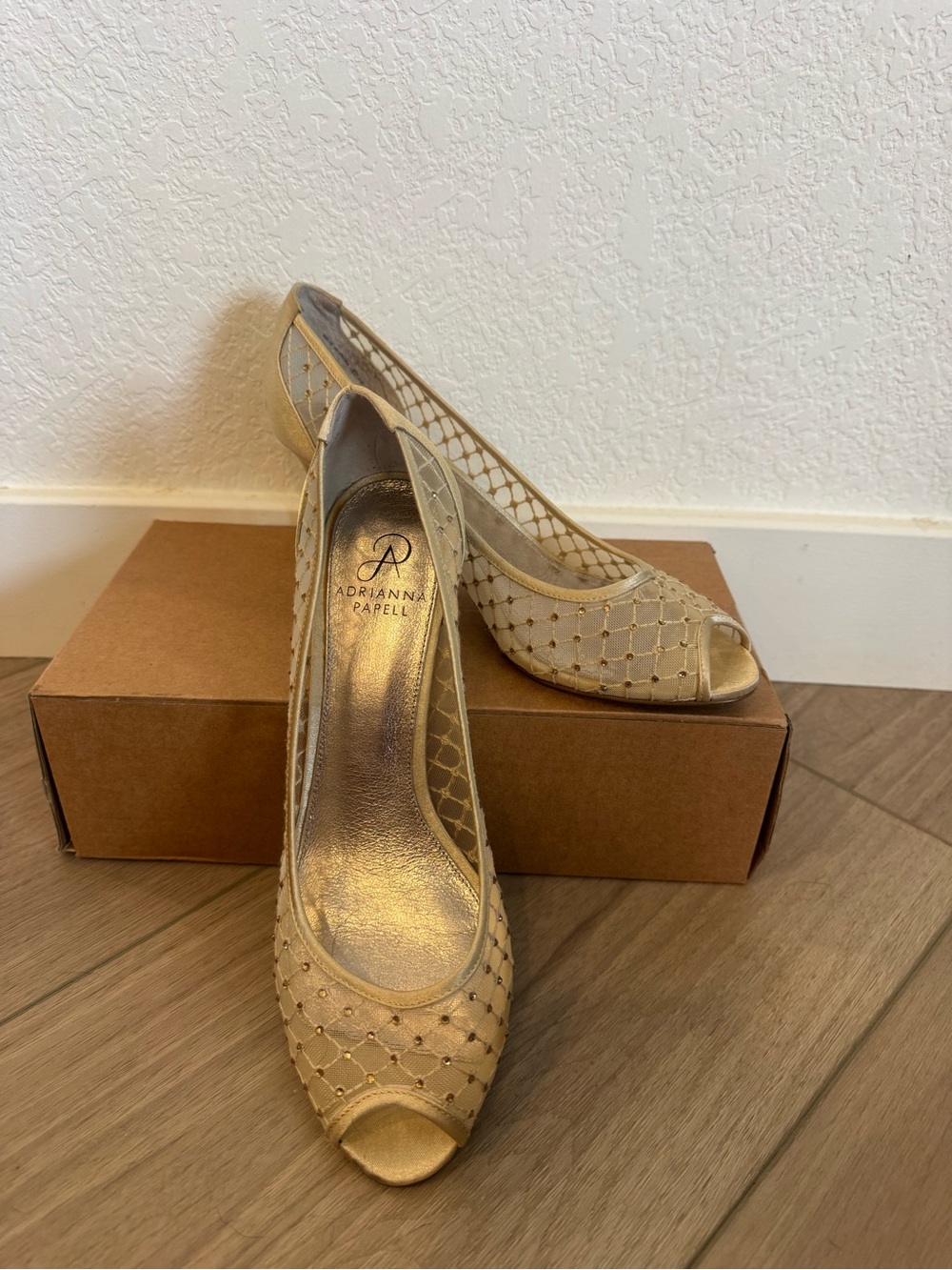 Adrianna Papell Beige Mesh Peep-Toe Heel with sparkly embellishments